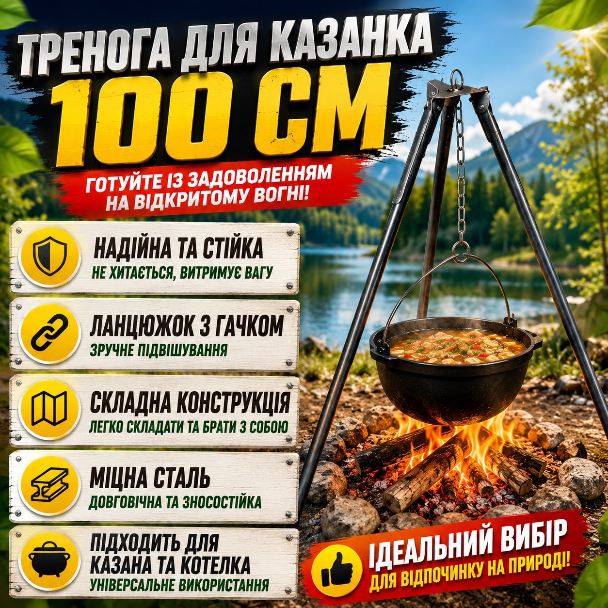 Тренога для казанка 100 см на білому фоні